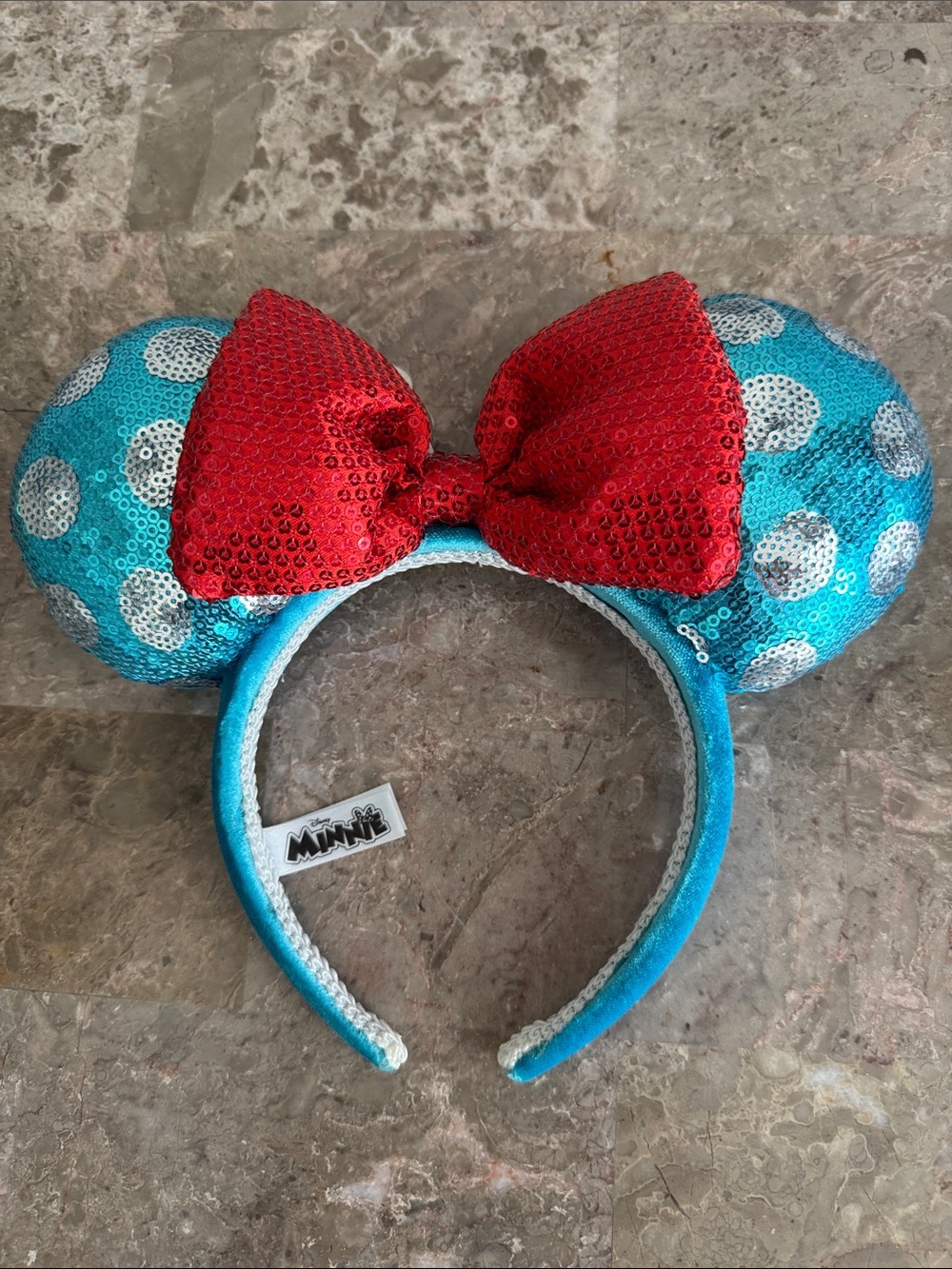 Disney Teal Sequin minnie Mouse Ears Headband with Red sequin Bow and flower